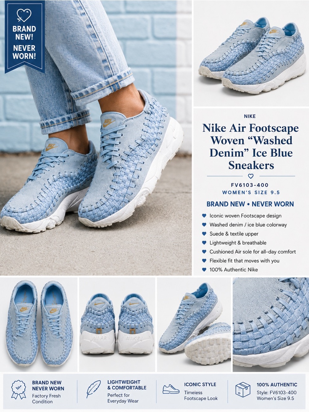 Nike Air Footscape Woven "Washed Denim" Ice Blue Sneakers FV6103-400 W 9.5